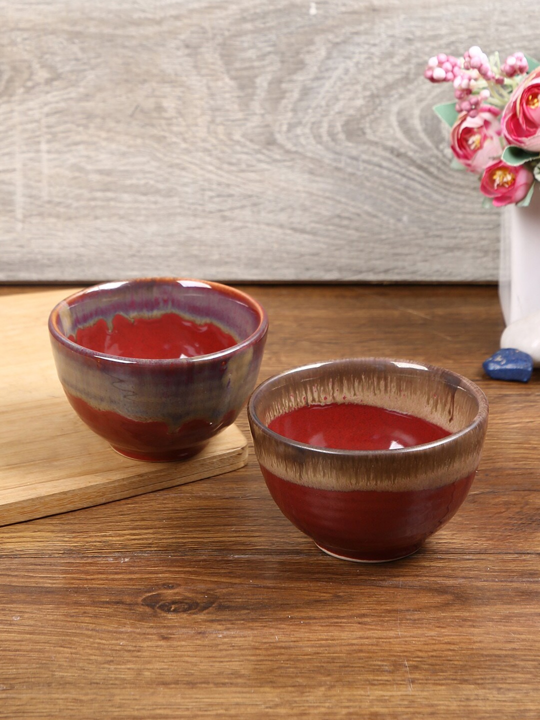 Aapno Rajasthan Red & Purple 2 Pieces Textured Ceramic Glossy Bowls