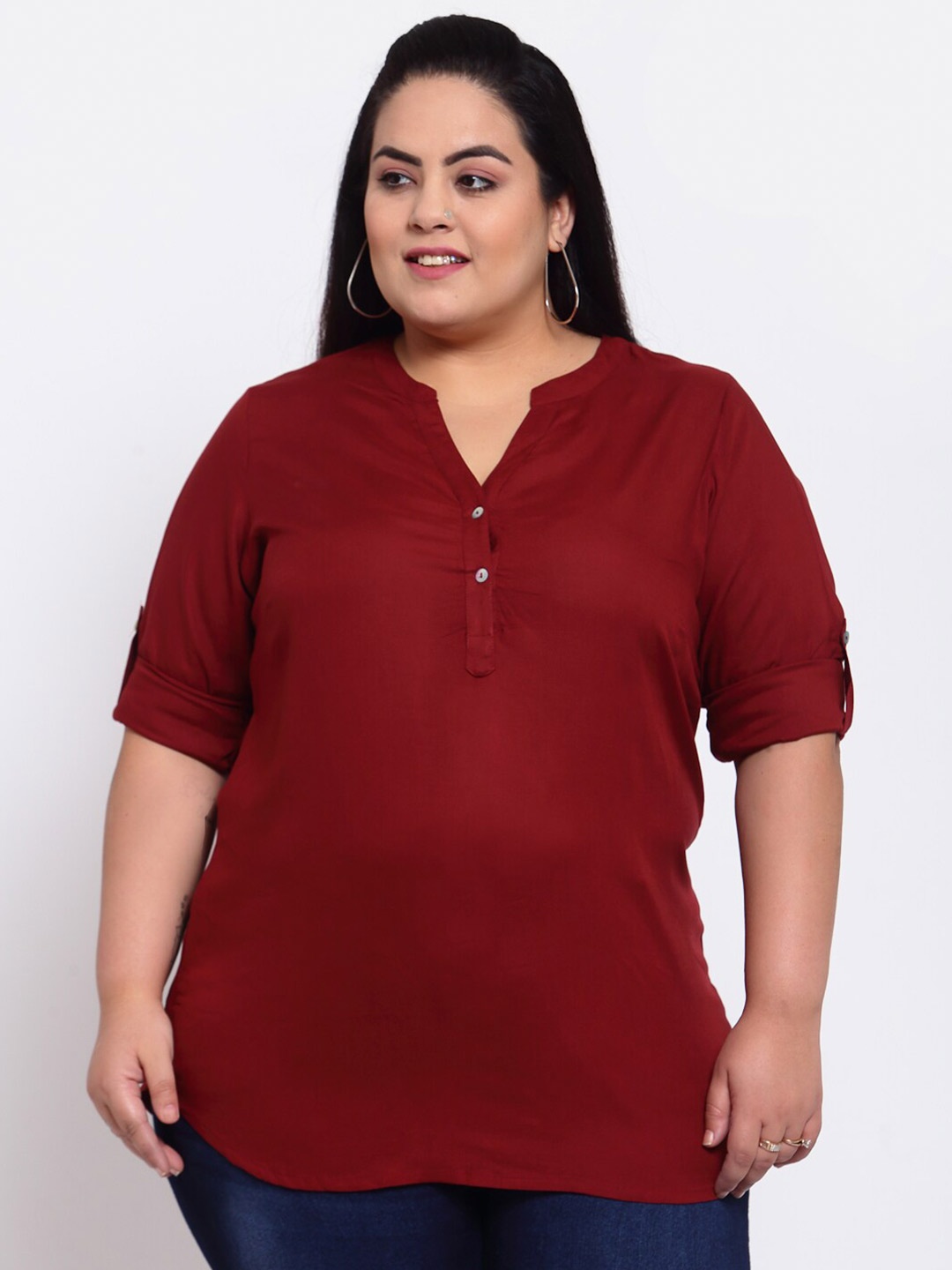 

plusS Maroon Mandarin Collar Shirt Style Top