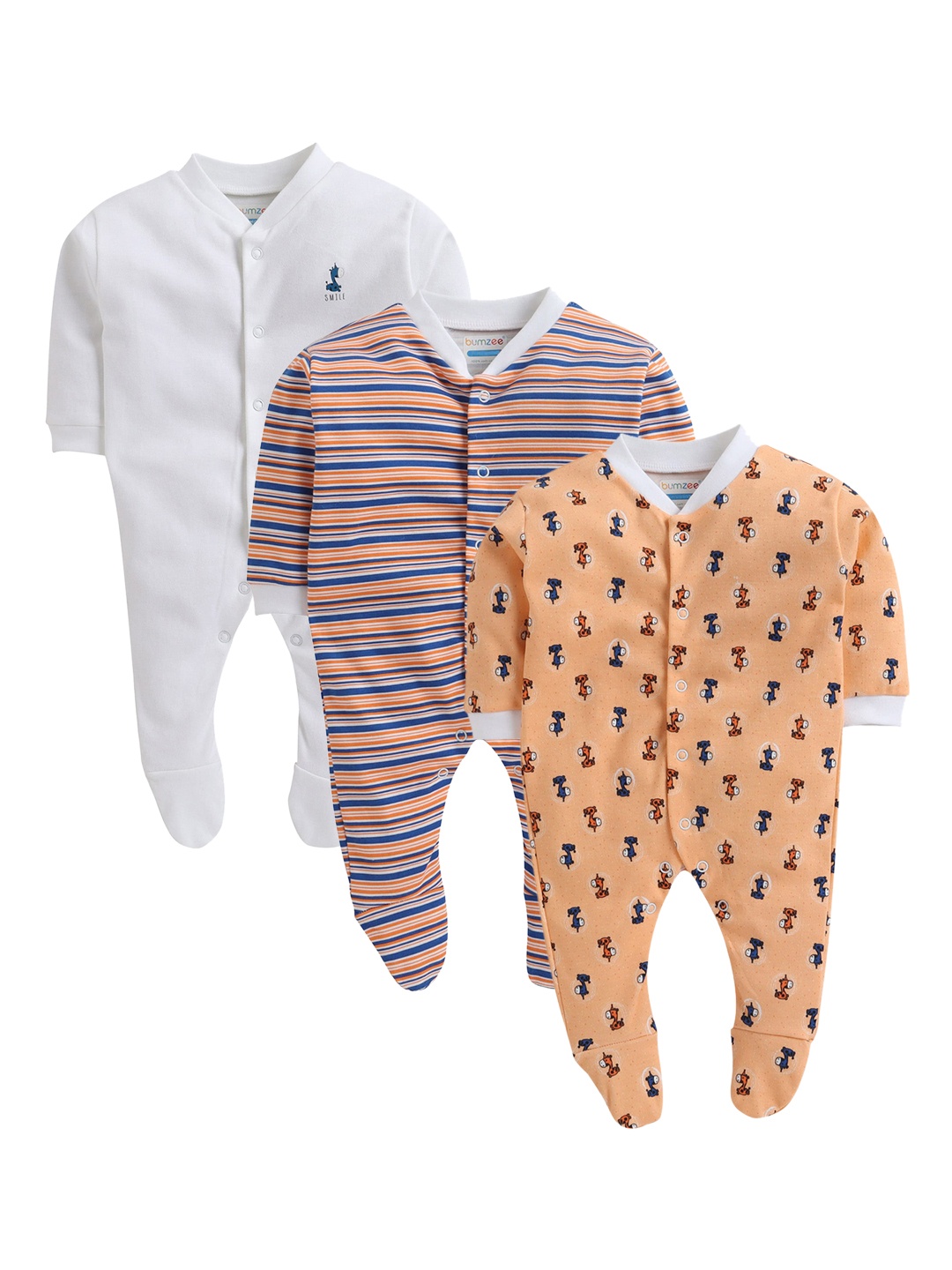 

BUMZEE Infant Boys Pack Of 3 Printed Cotton Sleepsuits, Orange