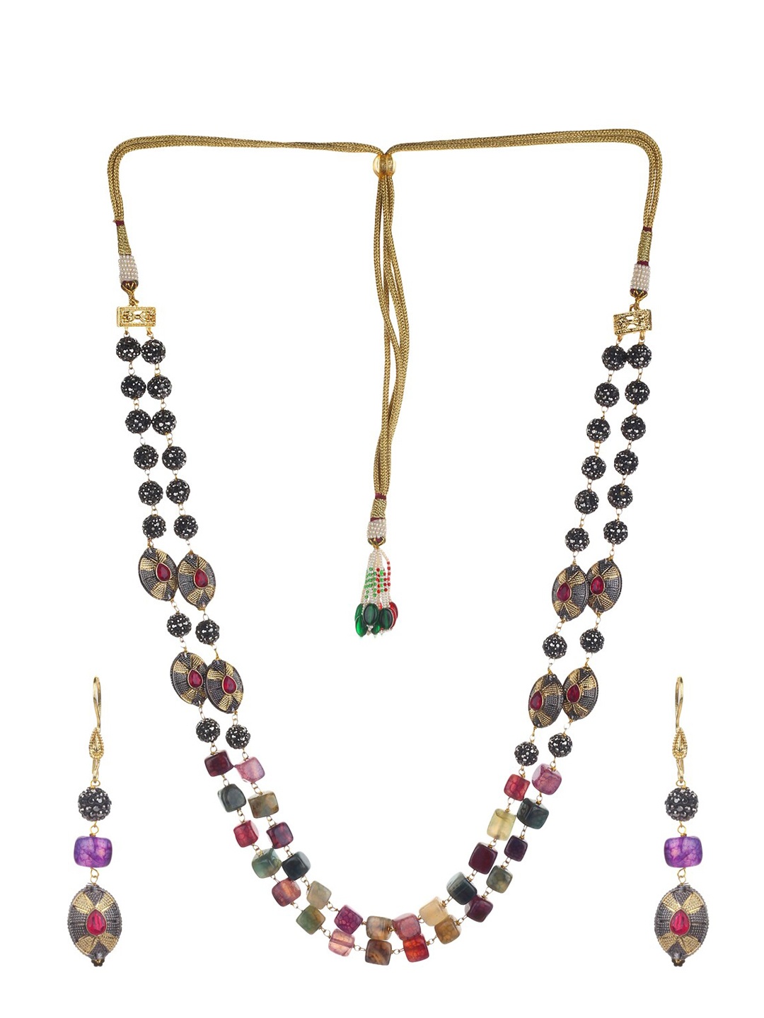 

Runjhun Gold-Plated Black & Purple Beaded Layered Jewellery Set