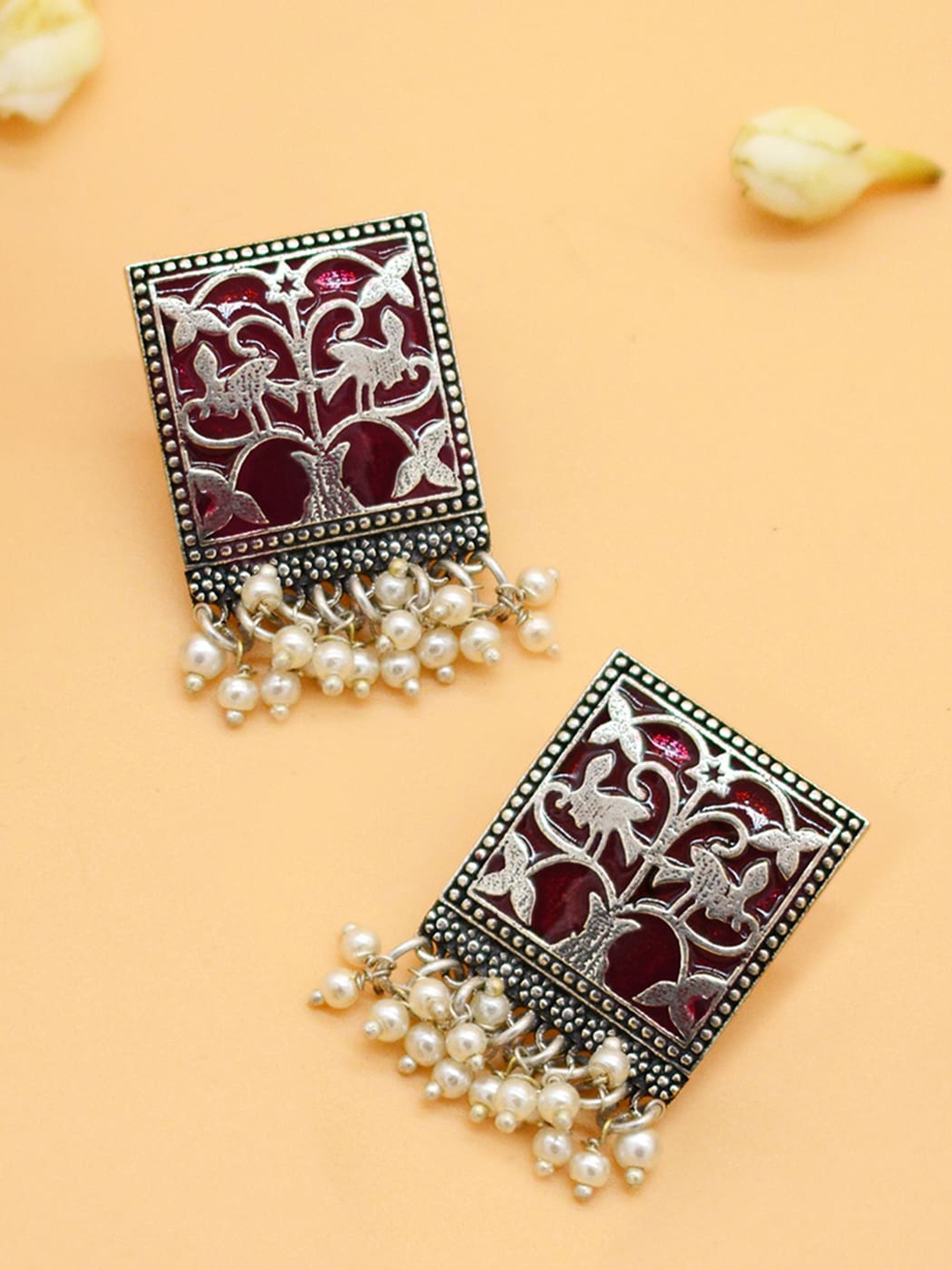 

TEEJH Silver-Plated & Maroon Geometric Drop Earrings