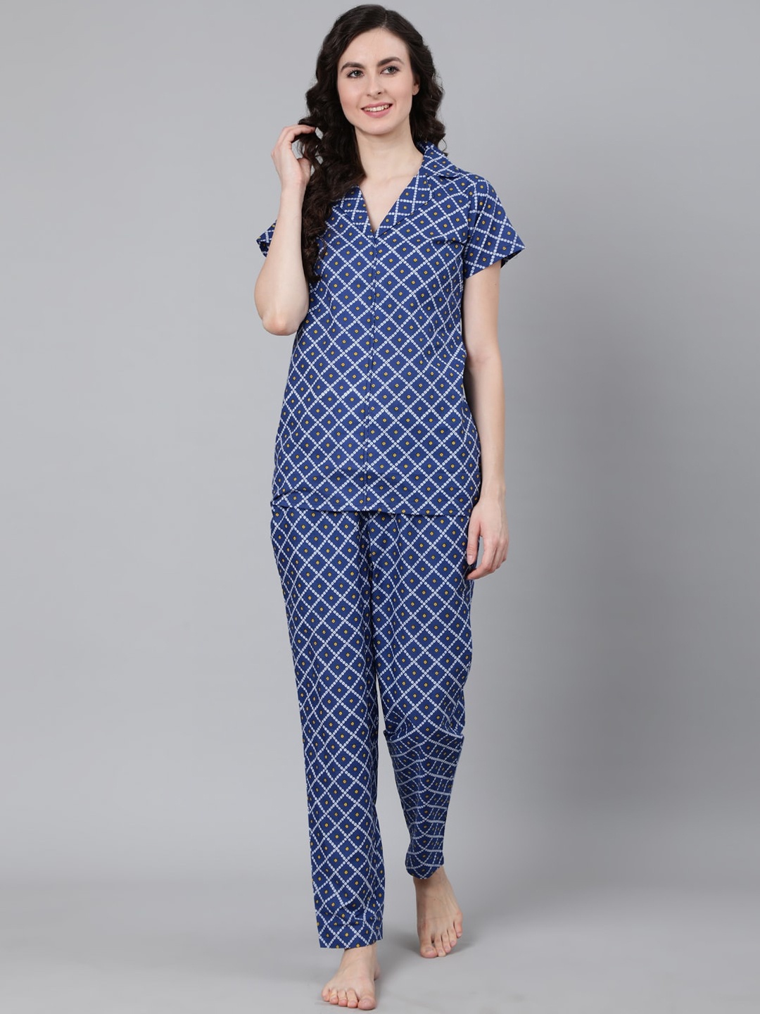 

Nayo Women Blue & White Bandhani Print Pure Cotton Pyjamas Set