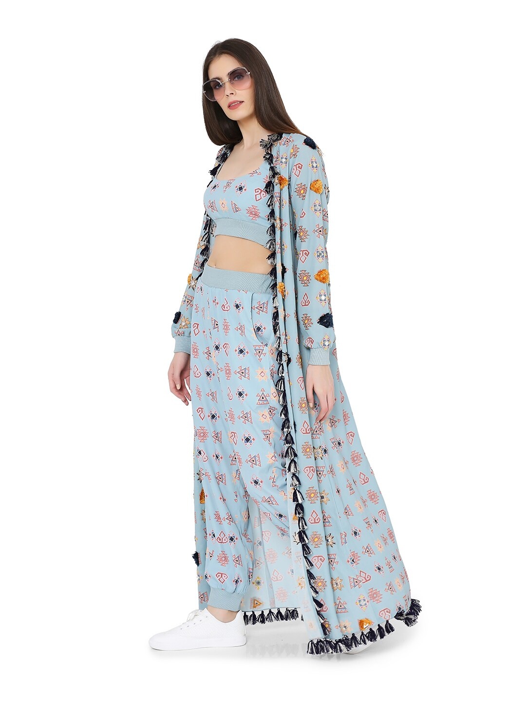 

PS PRET BY PAYAL SINGHAL Women Blue & Pink Printed Top with Palazzos & Jacket