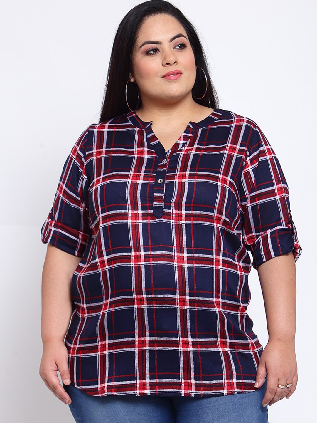 

plusS Women Navy Blue Checked Shirt Style Top