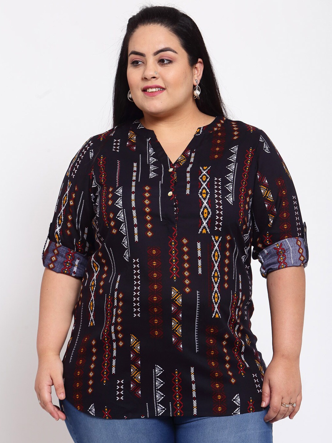 

plusS Navy Blue Printed Shirt Style Top