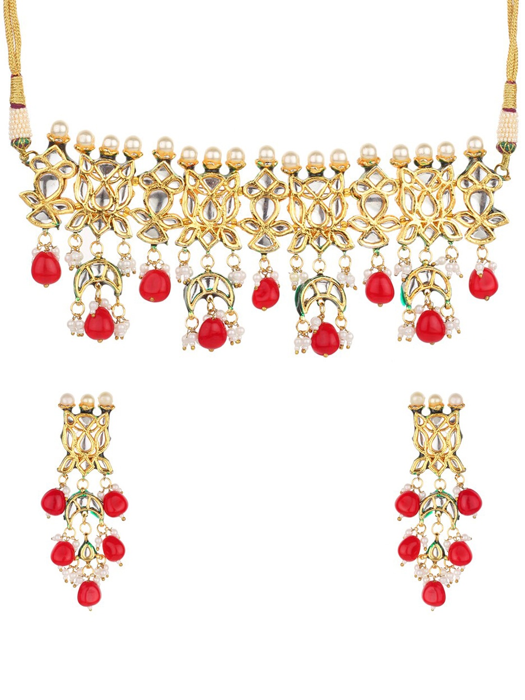 Runjhun Gold-Plated Red & White Kundan-Studded & Beaded Jewellery Set