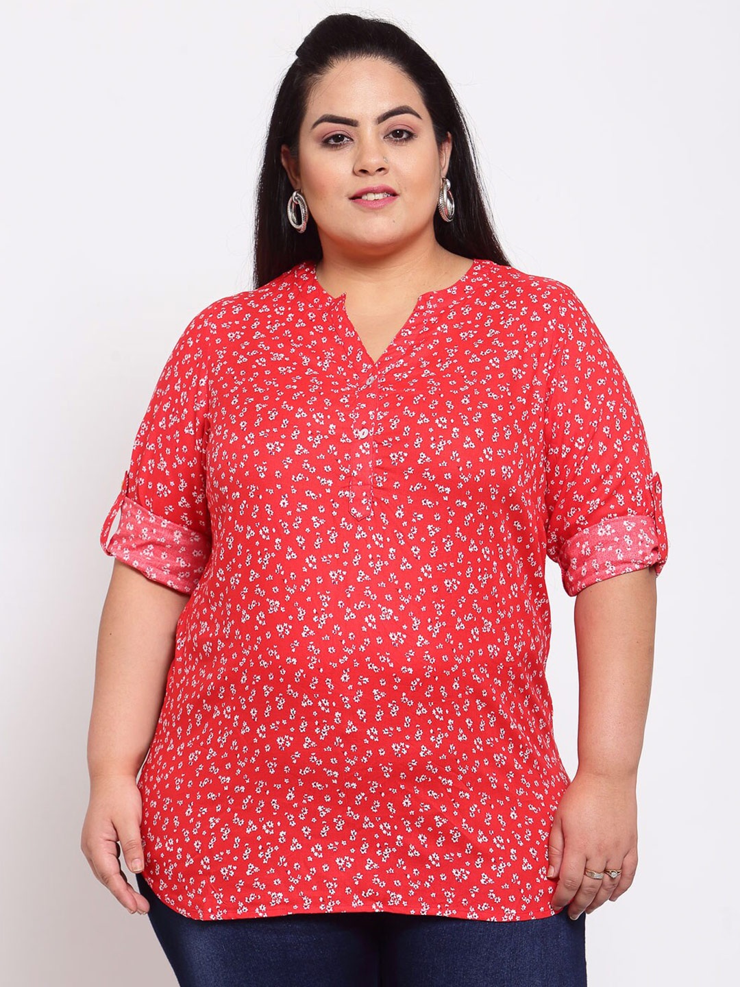 

plusS Red Floral Mandarin Collar Regular Top