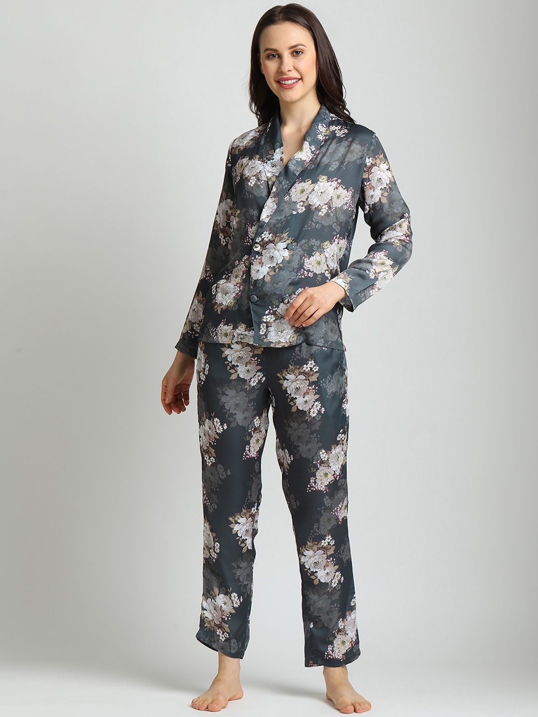 

DRAPE IN VOGUE Women Charcoal & Off White Floral Print Pyjamas Set with Eye Mask