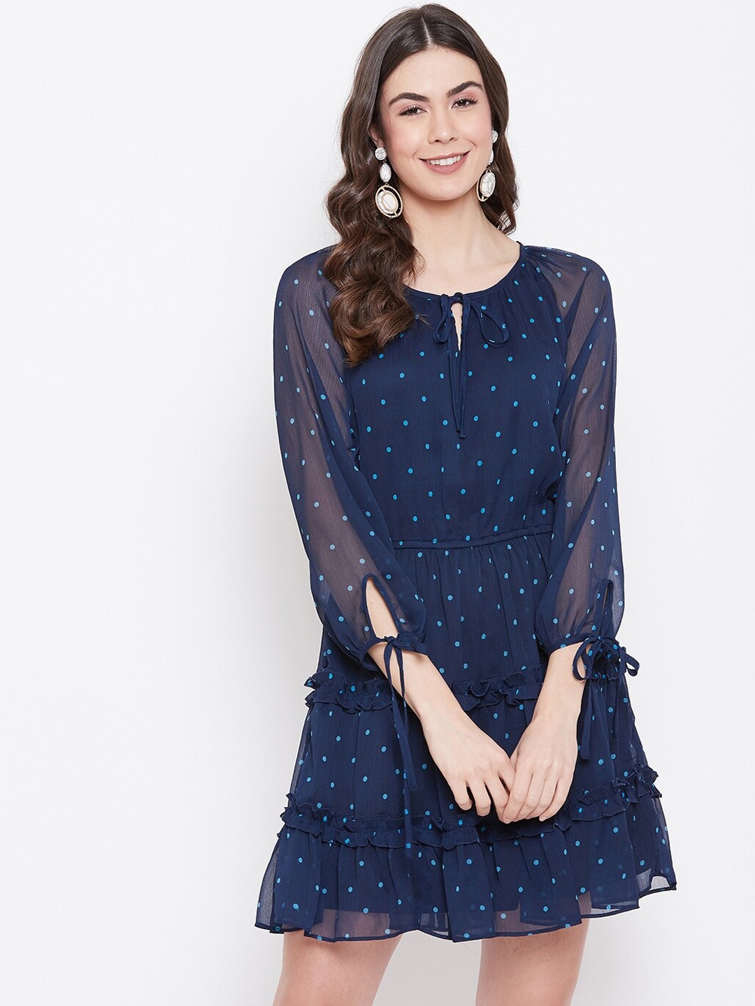 

Sandy and Ritz Women Polkadot Printed Navy Blue Tie-Up Neck Georgette Dress