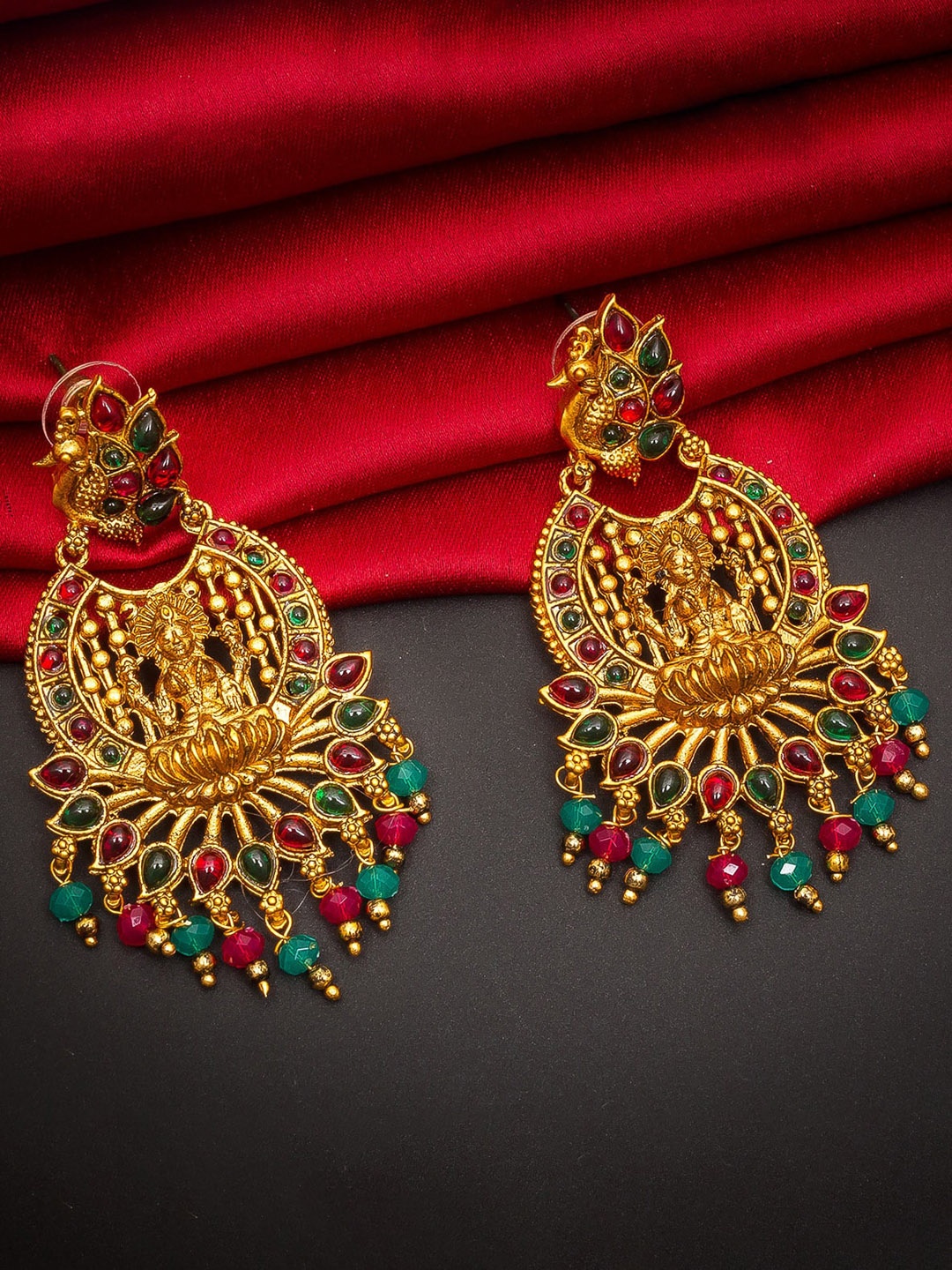 

aadita Gold-Toned & Red Peacock Shaped Chandbalis Earrings