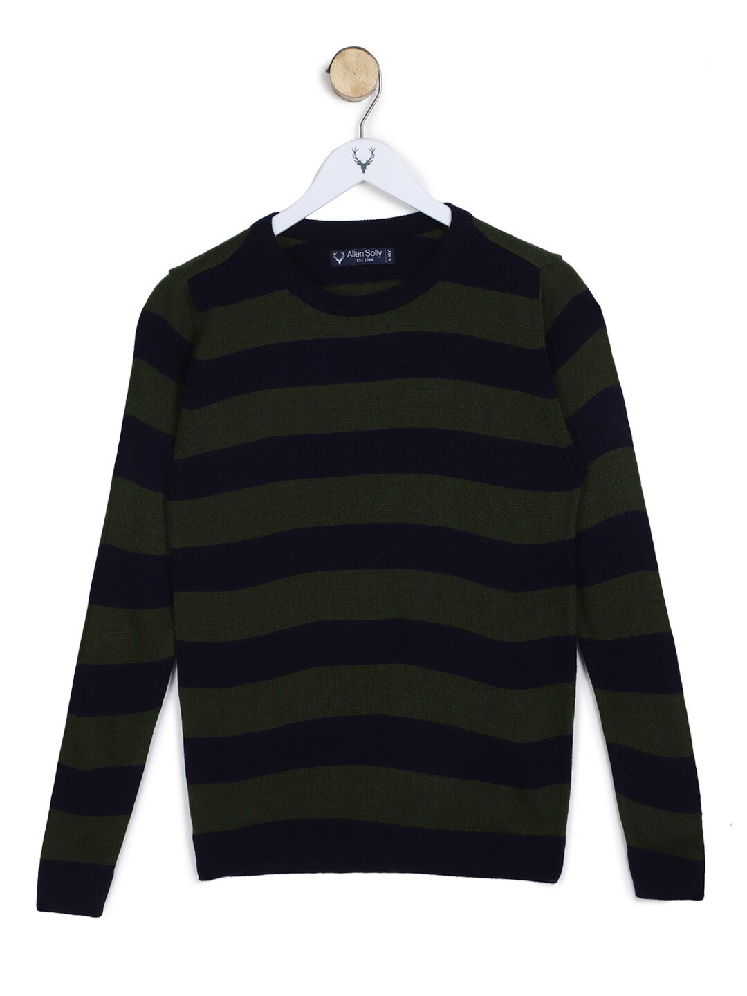

Allen Solly Junior Boys Olive Green & Navy Blue Striped Pullover