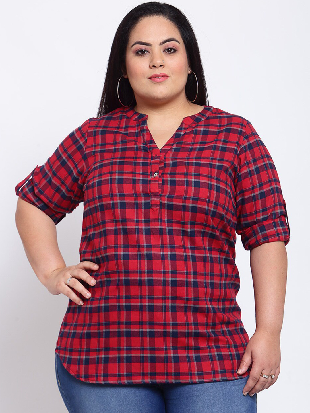 

plusS Women Red & Blue Checked Mandarin Collar Pure Cotton Shirt Style Top