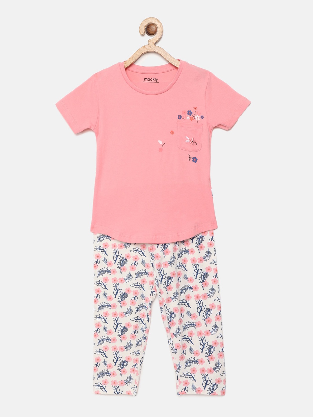 

mackly Girls Peach-Coloured & White Printed Night Suit