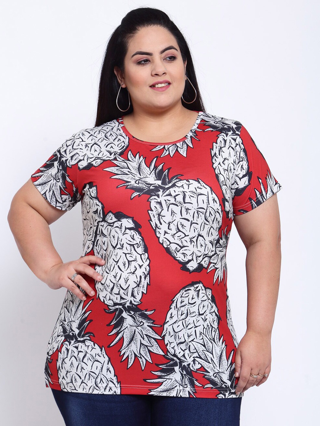 

plusS Women Red Floral Printed Mandarin Collar Tropical T-shirt