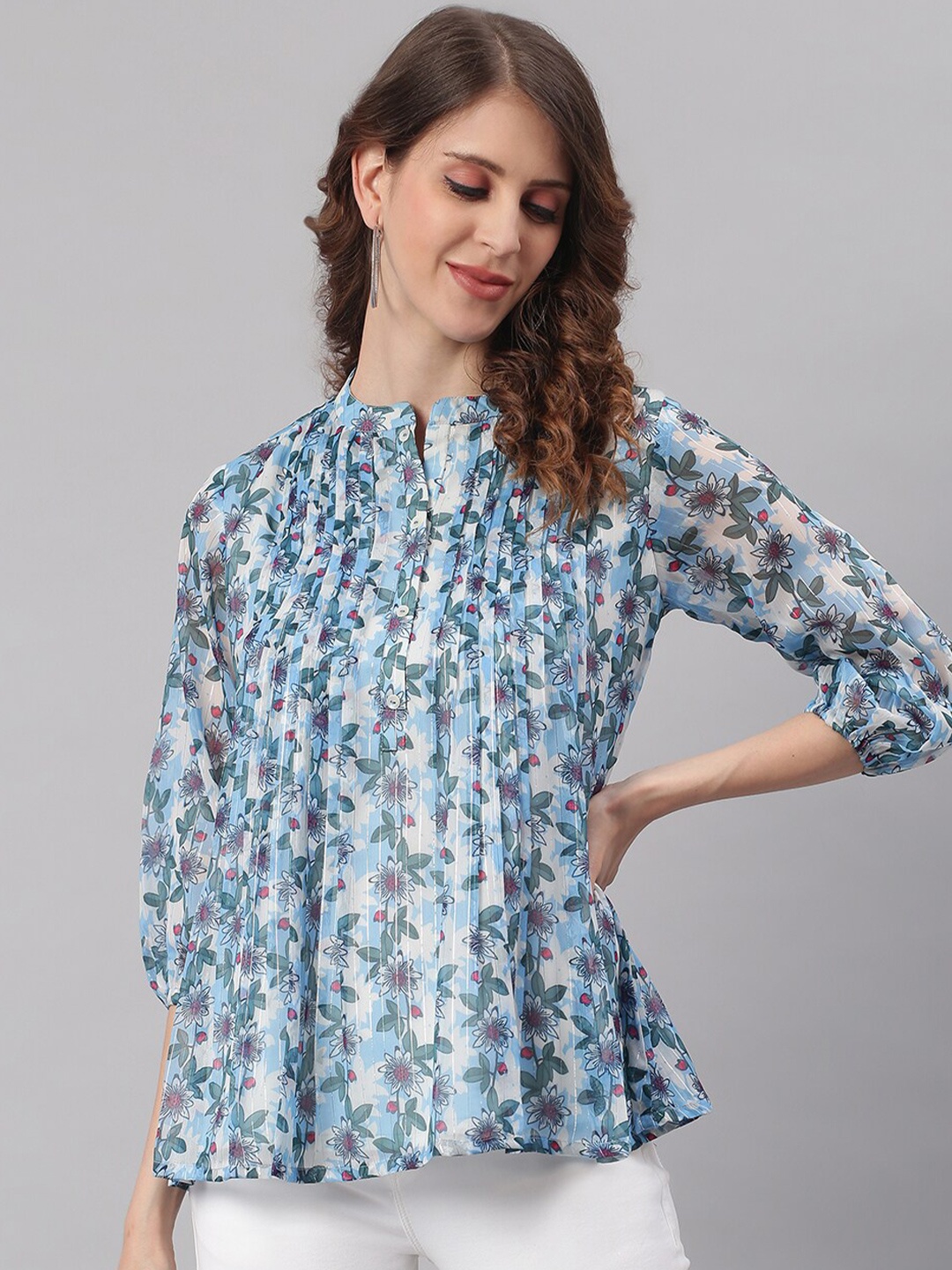 

Janasya Women Blue Floral Printed Georgette A-Line Top