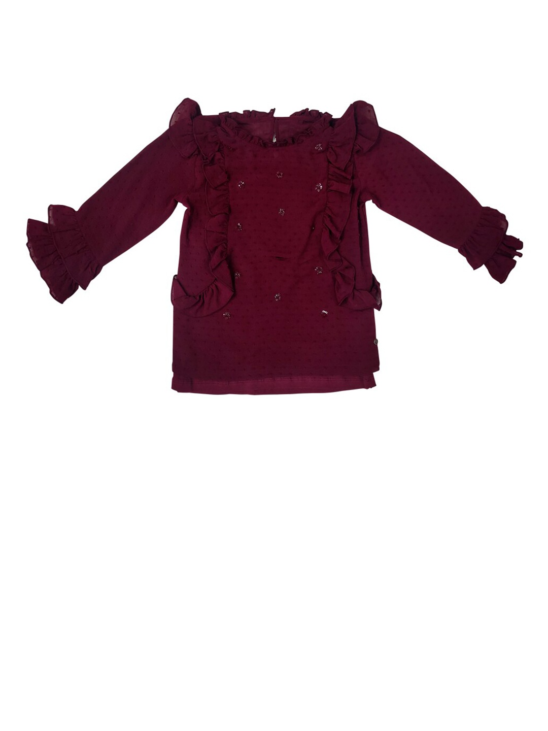 

Gini and Jony Girls Maroon Embellished Bell Sleeve Ruffles Regular Top