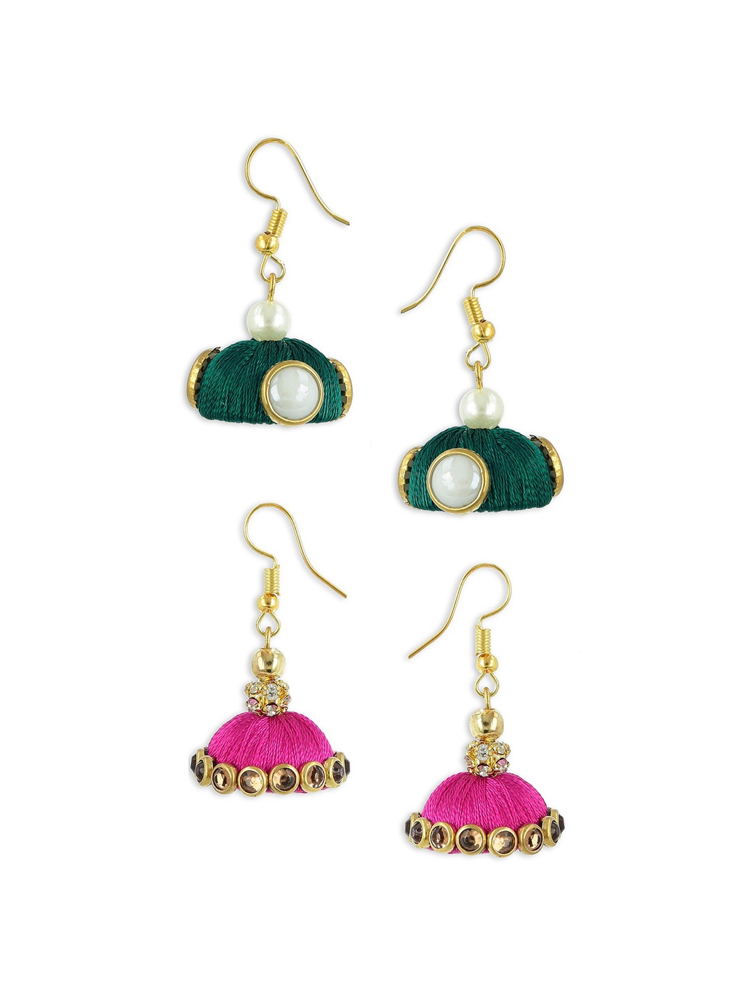 

AKSHARA Set Of 2 Green & Pink Dome Shaped Jhumkas Earrings