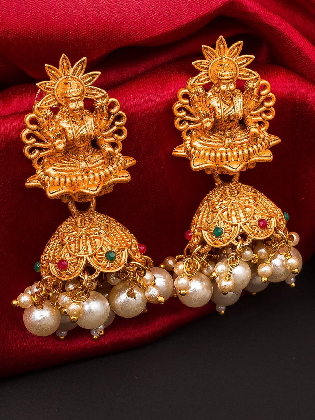 

aadita Gold-Plated & Pearls Studded Temple Contemporary Jhumkas Earrings