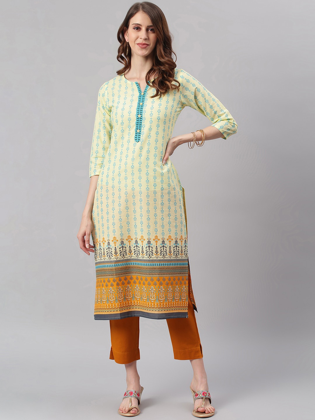 

Janasya Women Yellow Ethnic Motifs Printed Kurta
