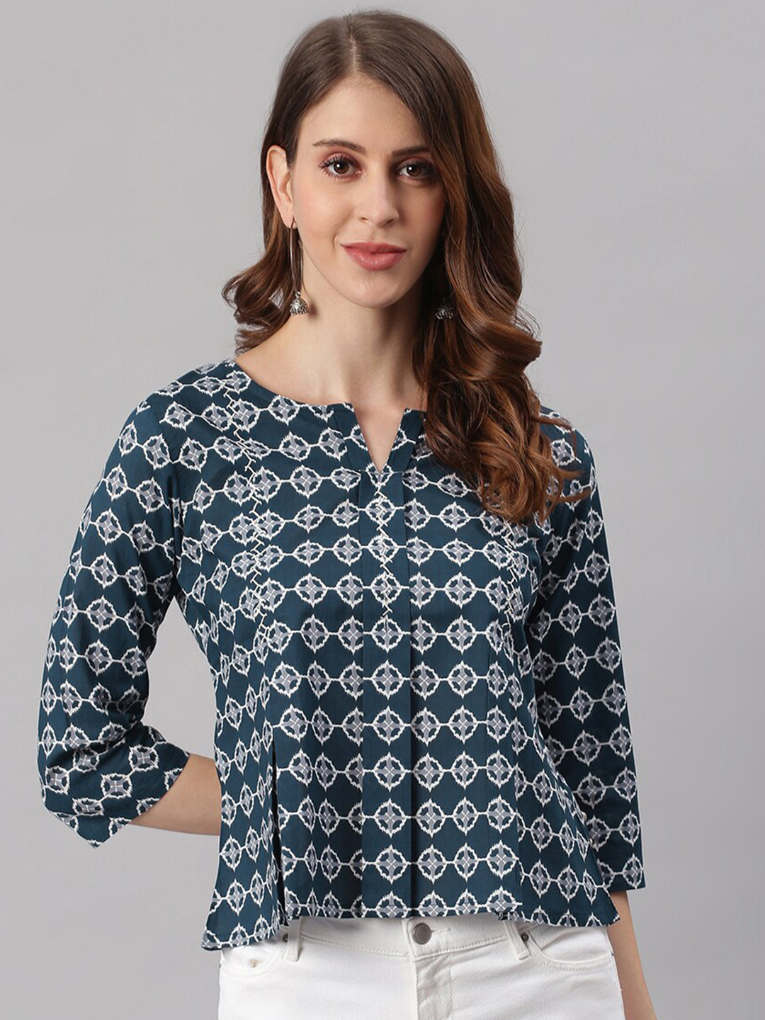 

Janasya Blue & Grey Geometric Printed Pure Cotton Regular Top