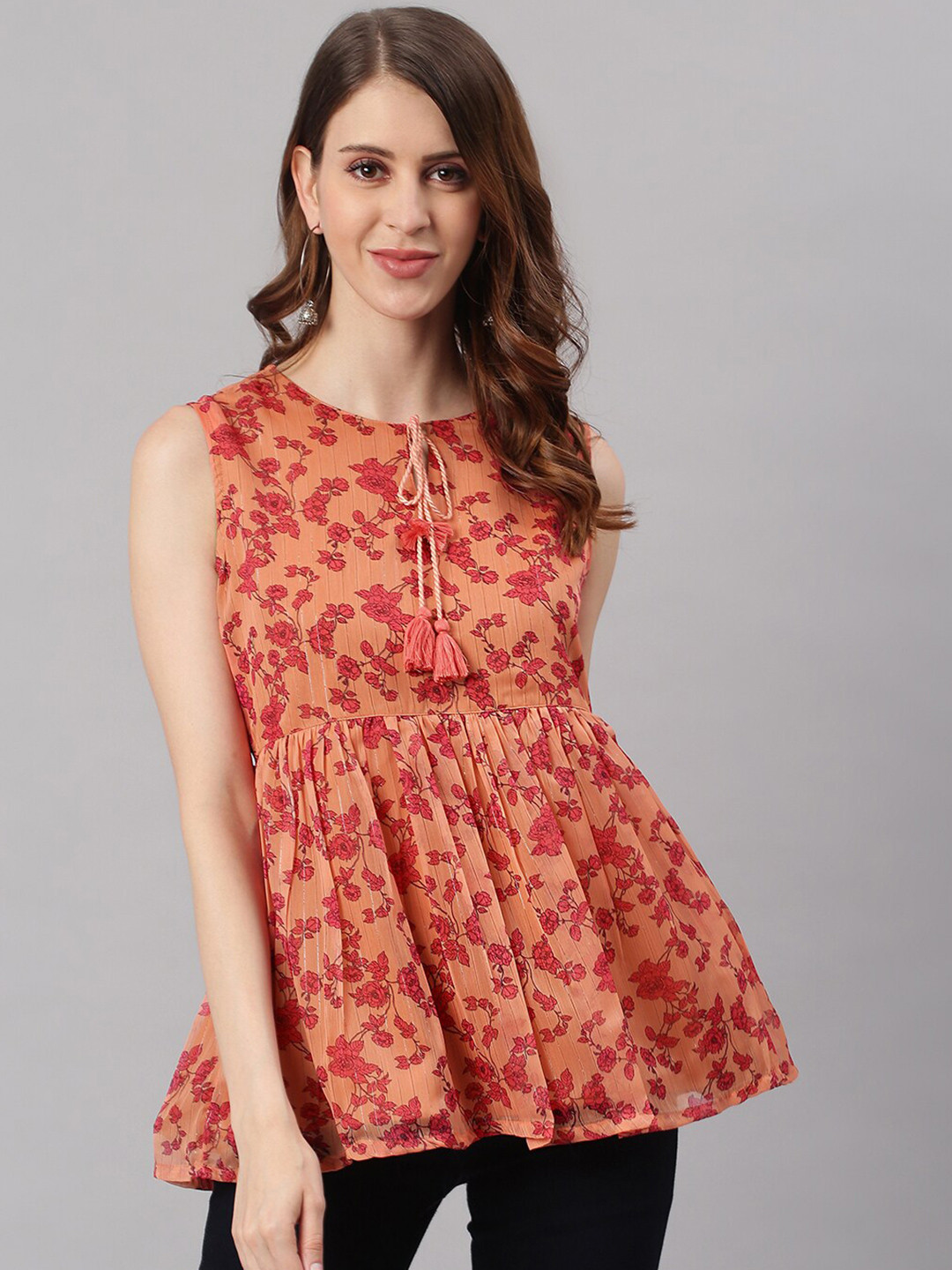 

Janasya Women Tie-Up Neck Georgette A-Line Top, Orange