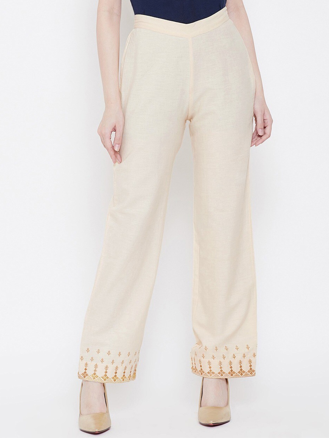

Be Indi Women Cream Coloured Solid Straight Palazzos