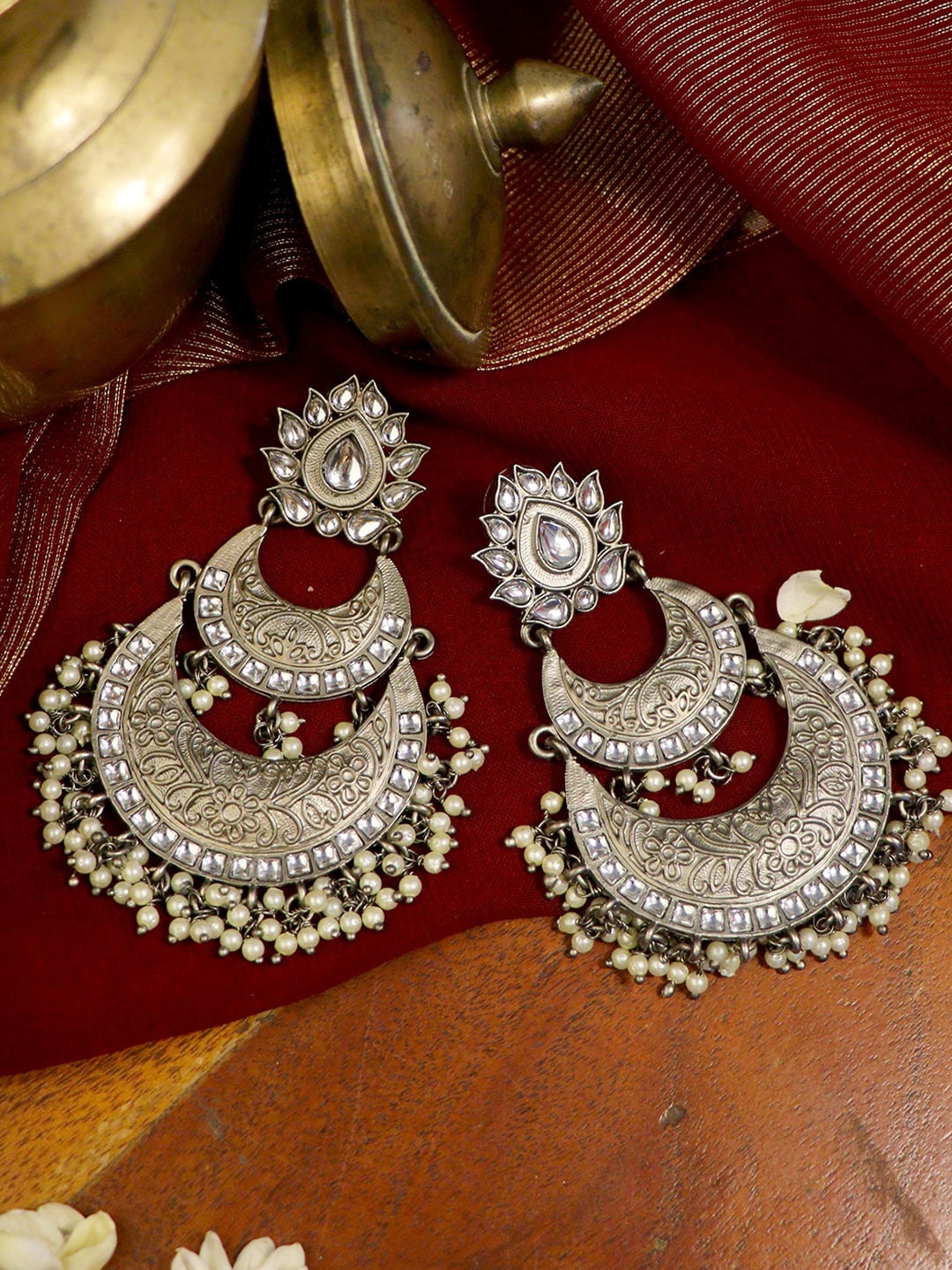 

TEEJH Silver-Toned Contemporary Chandbalis Earrings