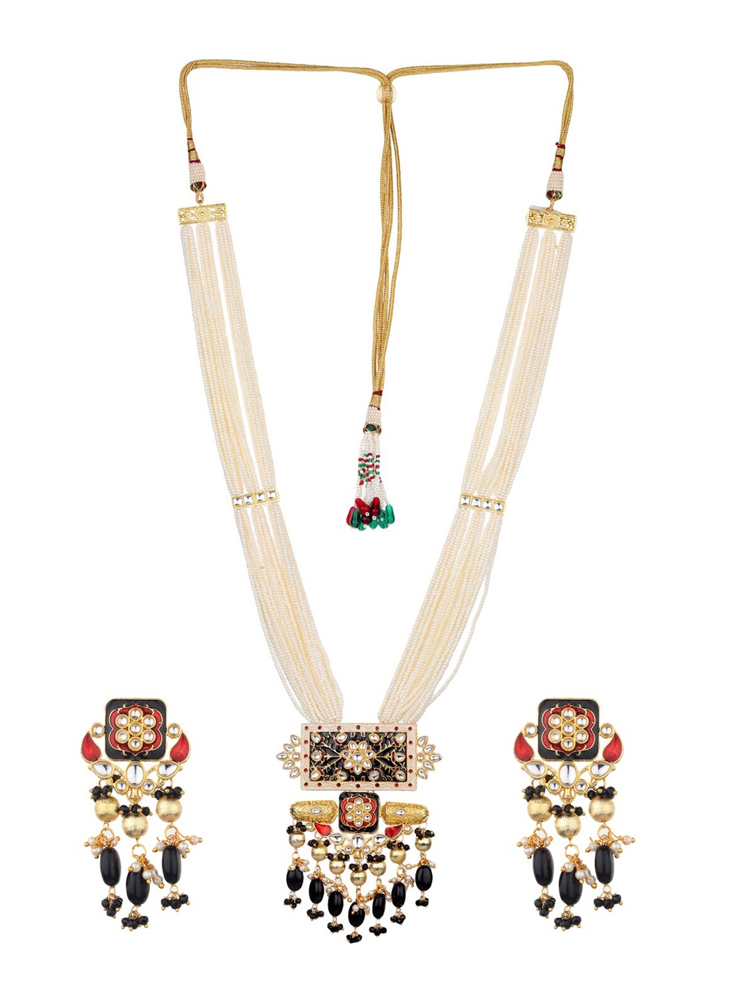

Runjhun Gold-Plated Red & Black Kundan-Studded & White Beaded Jewellery Set