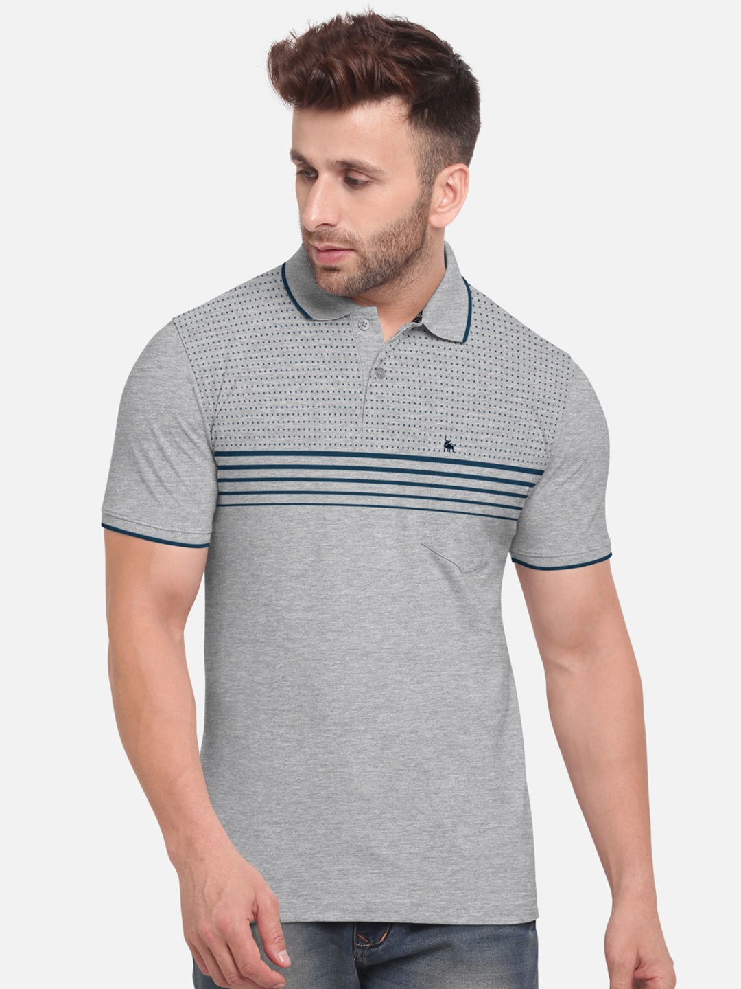 

BULLMER Men Grey & Blue Striped Polo Collar T-shirt