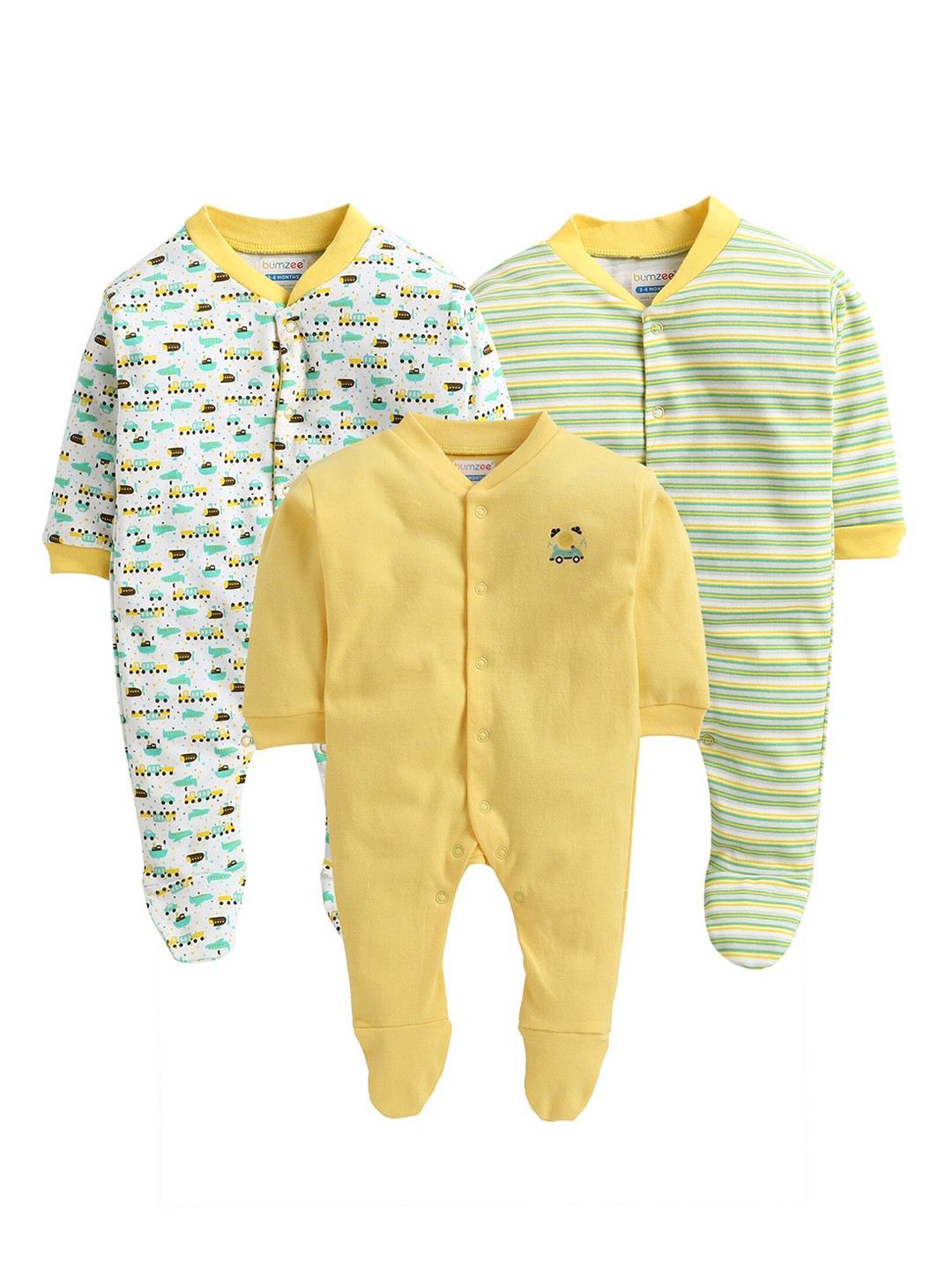 

BUMZEE Infants Pack Of 3 Printed Cotton Sleep Suit, Yellow