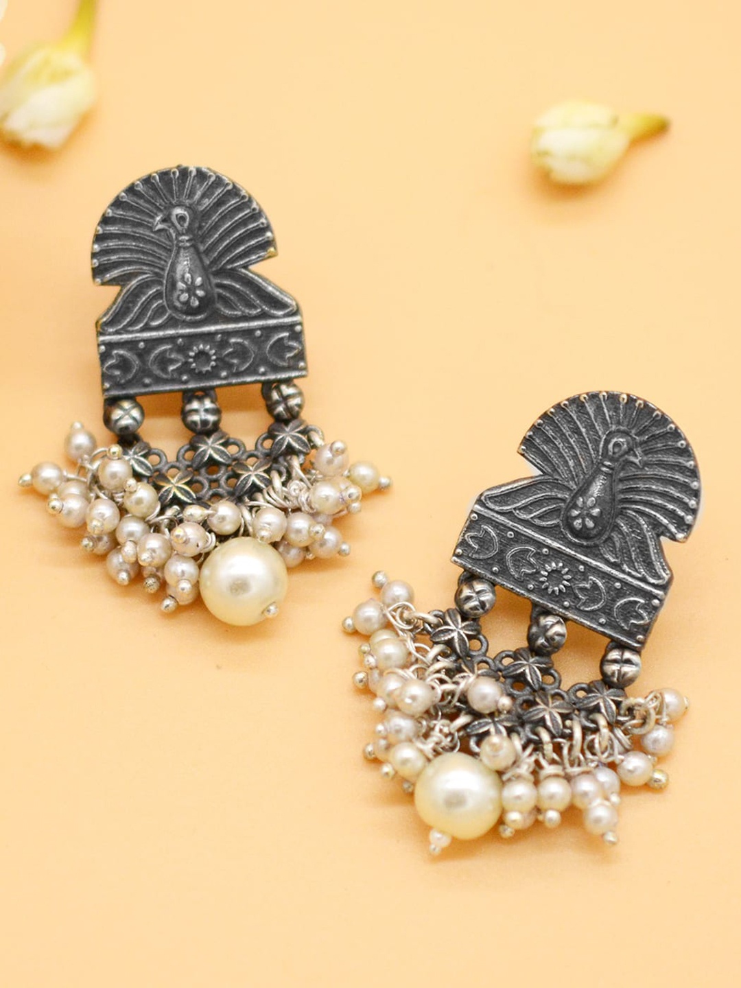 TEEJH Silver-Plated Peacock Shaped Drop Earrings