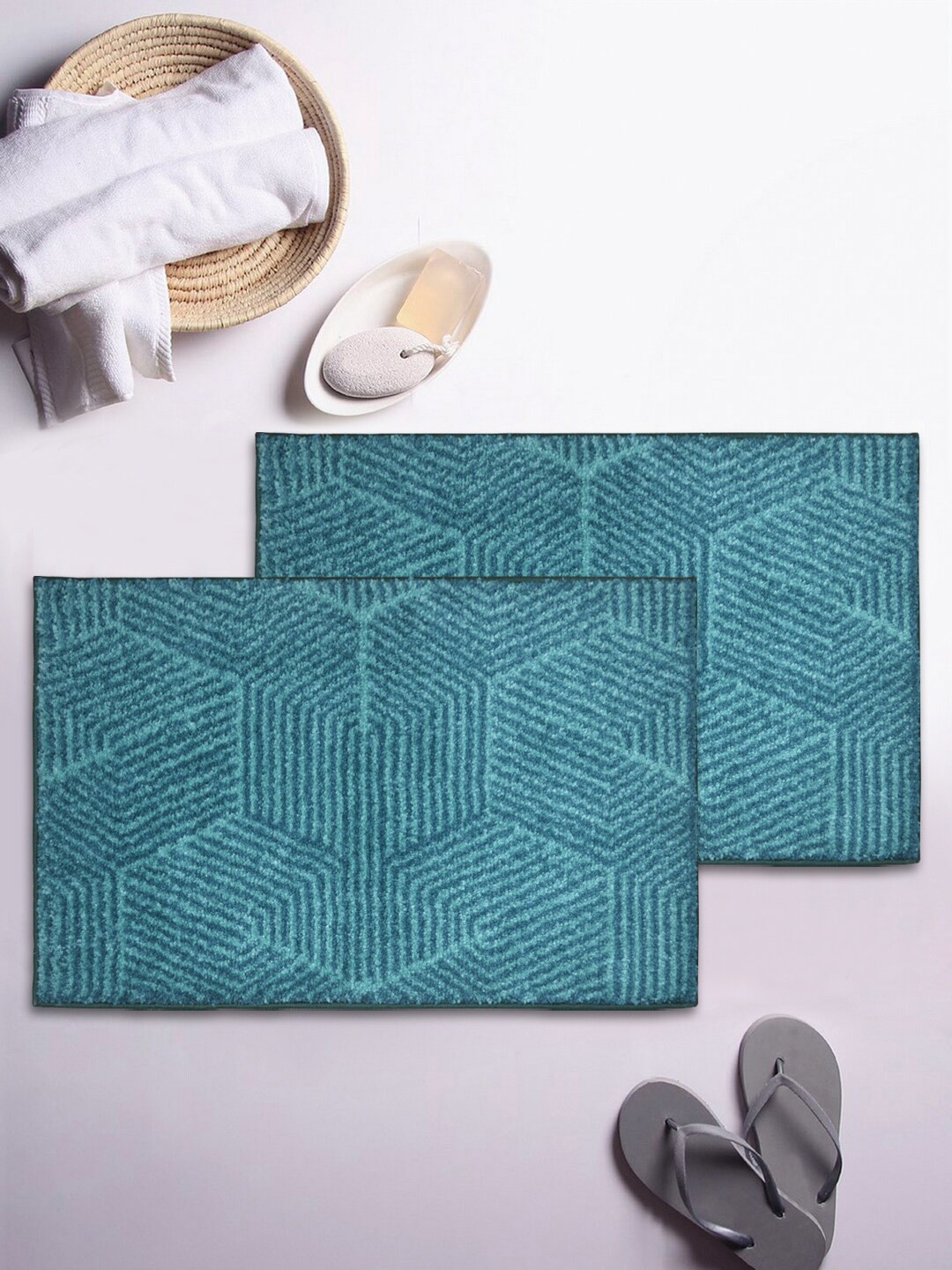 

BIANCA Set Of 2 Teal Blue Textured 1850 GSM Microfibre Anti-Skid Bath Rugs