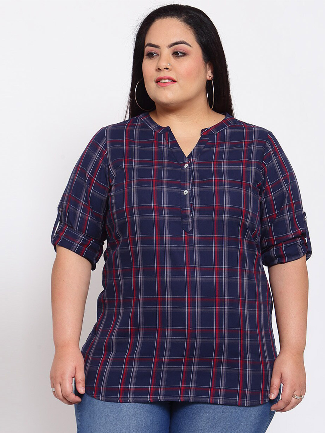 

plusS Women Navy Blue & Red Checked Mandarin Collar Pure Cotton Shirt Style Top