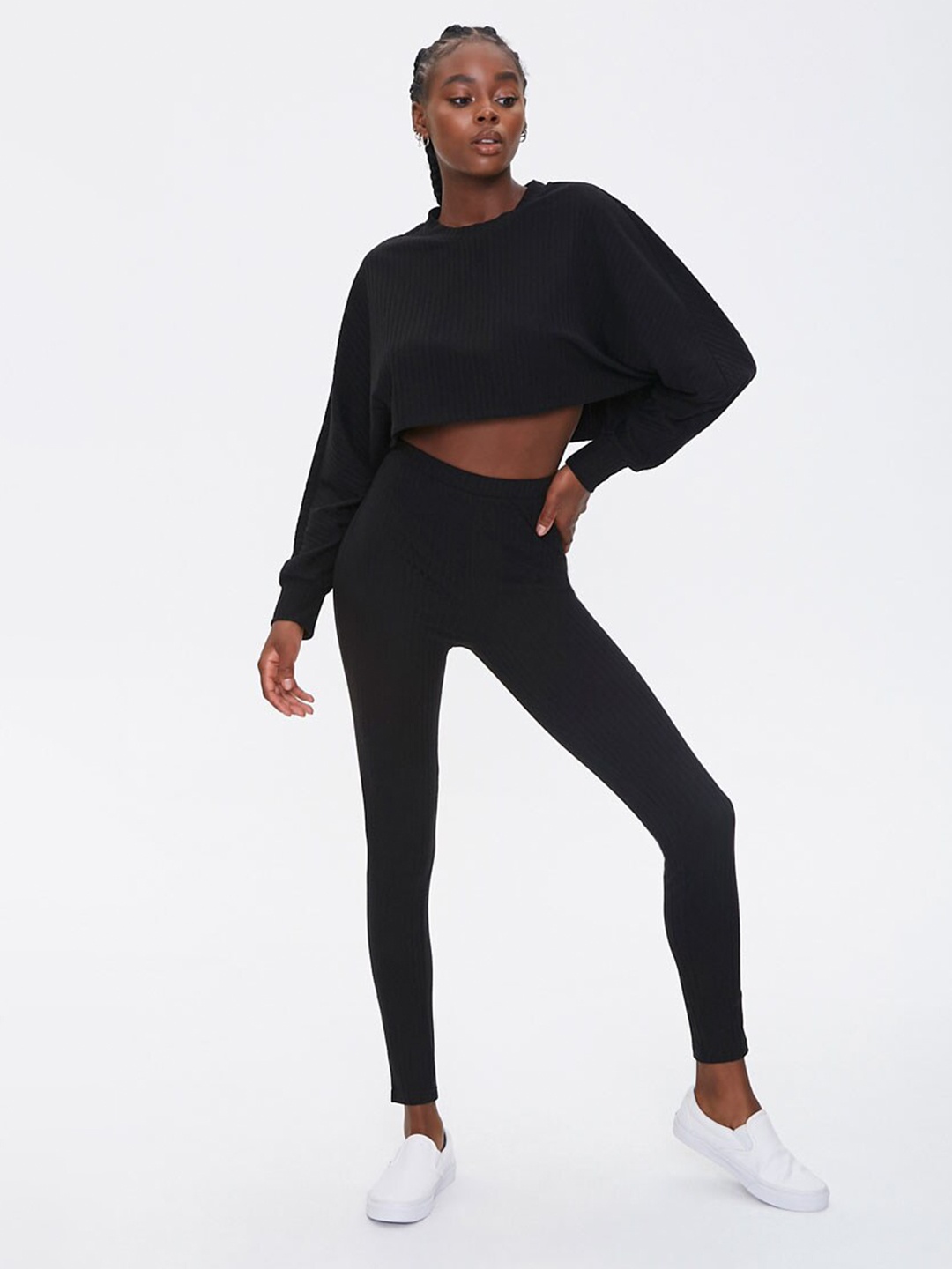 

FOREVER 21 Women Black Ribbed Crop Top & Leggings