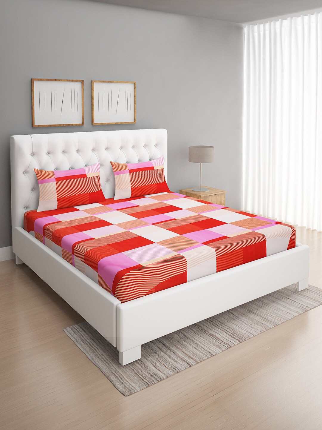 ROMEE Geometric Print 144 TC Microfiber Queen Bedsheet with 2 Pillow Covers, Red