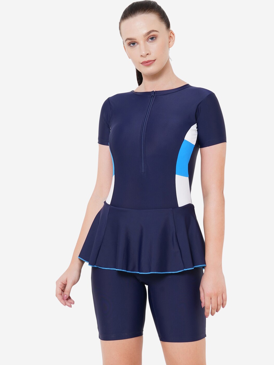 

VELOZ Women Navy Blue Solid Swimming Dress With Attached Tights