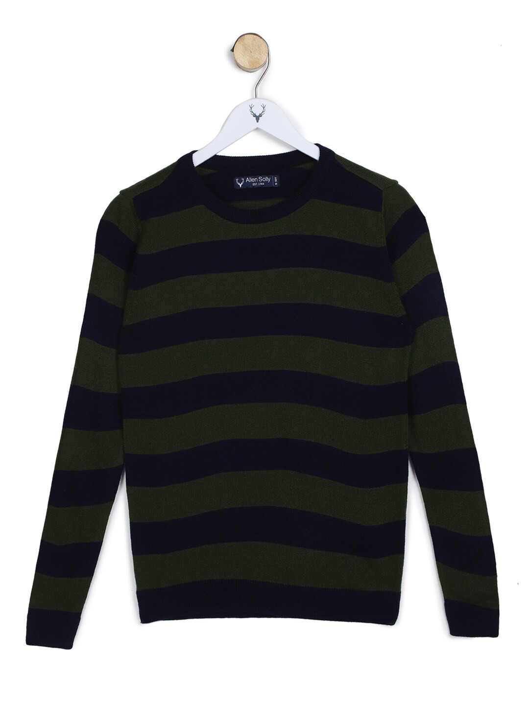 

Allen Solly Junior Boys Olive Green & Navy Blue Striped Pullover Sweater