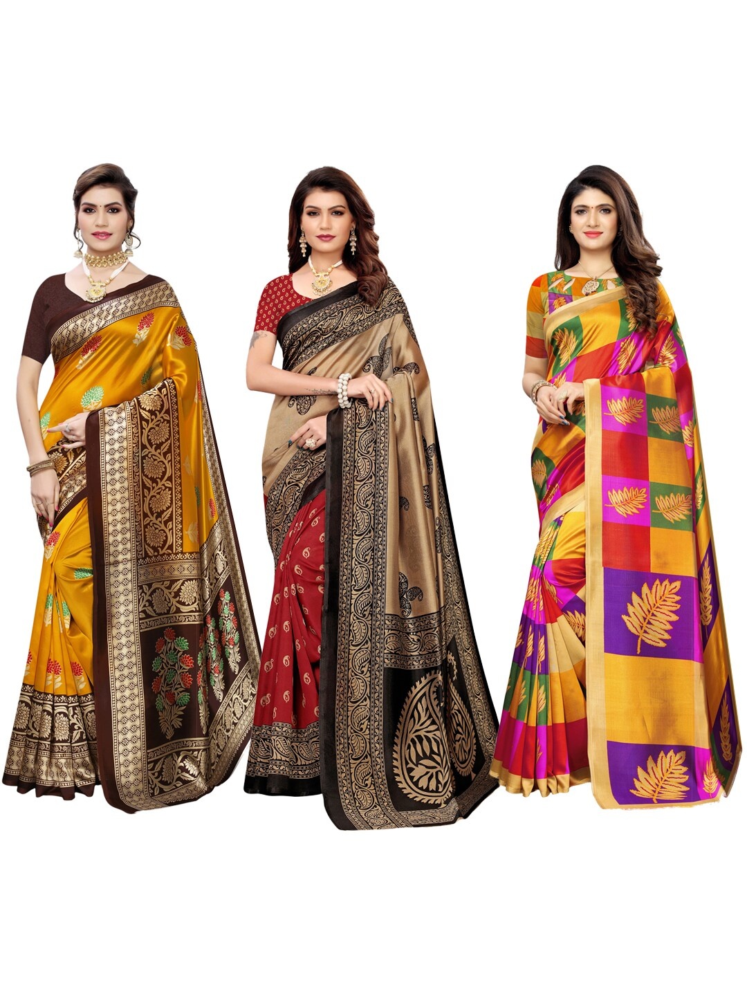 

KALINI Pack of 3 Poly Silk Saree, Yellow