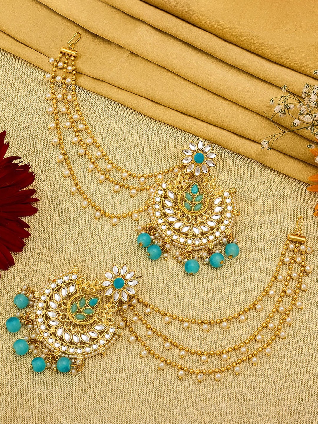 

aadita Gold-Toned Pearls Studded Contemporary Chandbalis Earrings With Hair Chain