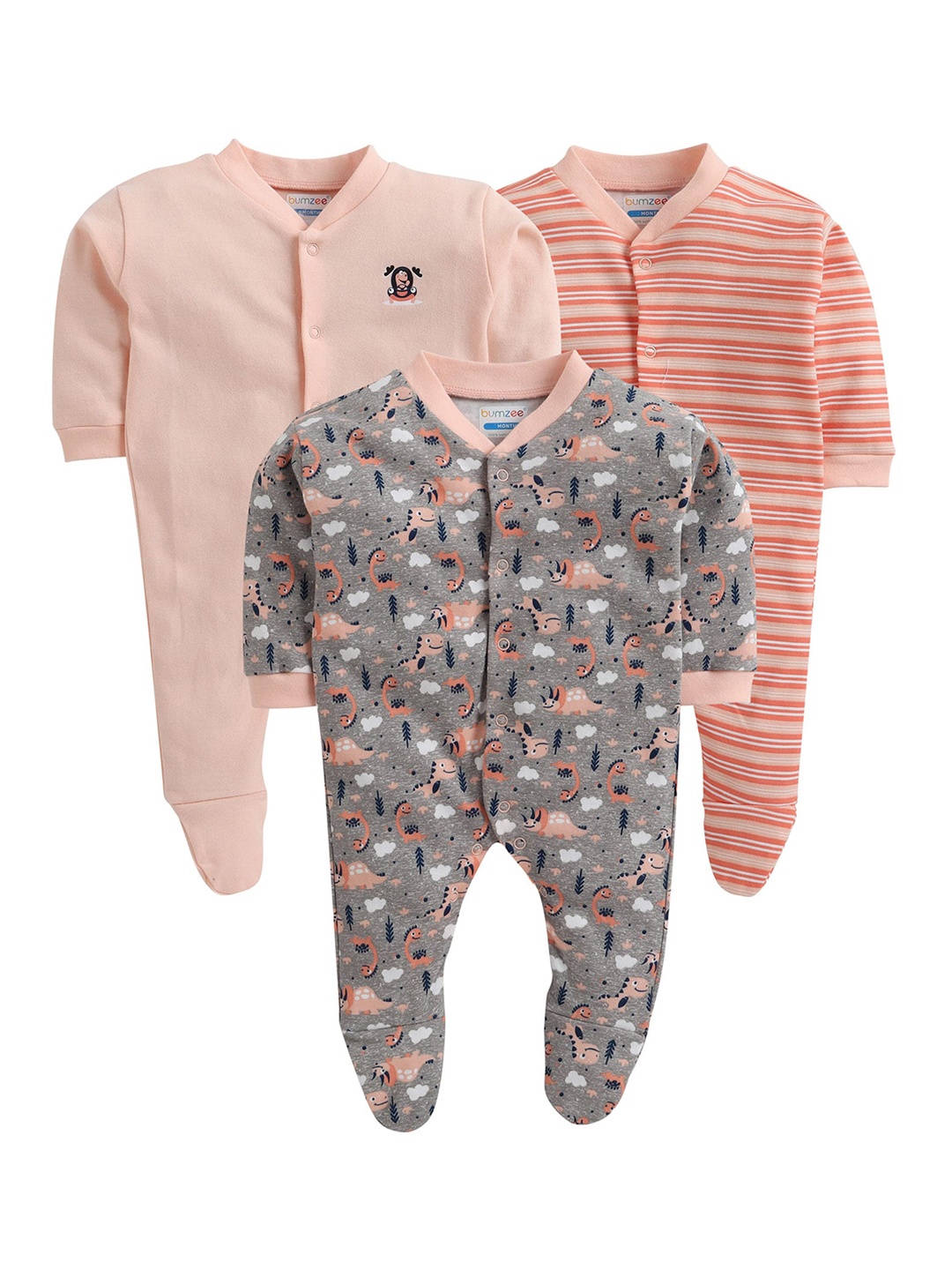 

BUMZEE Infant Girls Pack of 3 Pure Cotton Sleep Suits, Grey