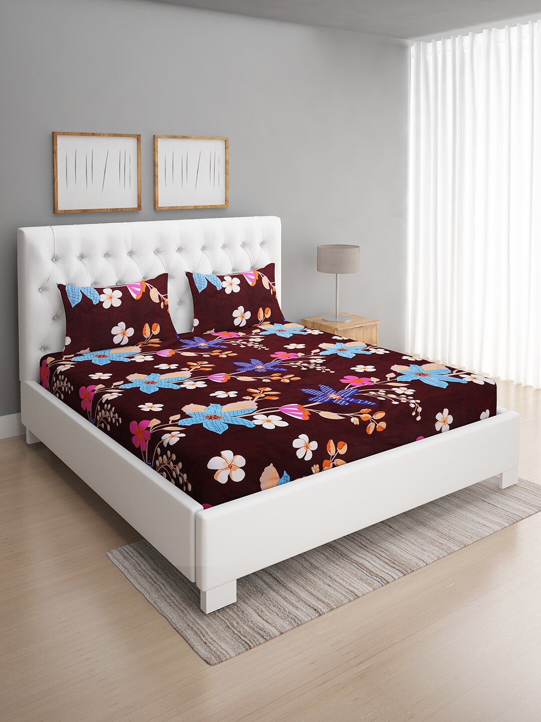 

ROMEE Coffee Brown Floral 144 TC Microfiber Queen Bedsheet with 2 Pillow Covers