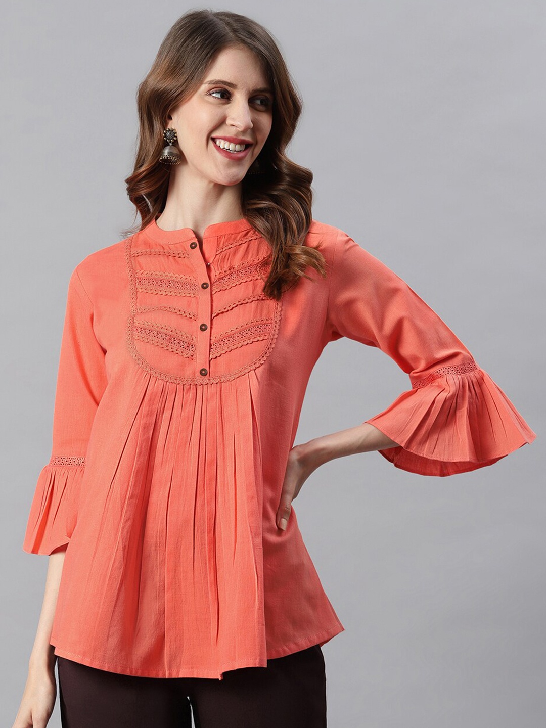 

Janasya Peach-Coloured Bell Sleeve A-Line Top