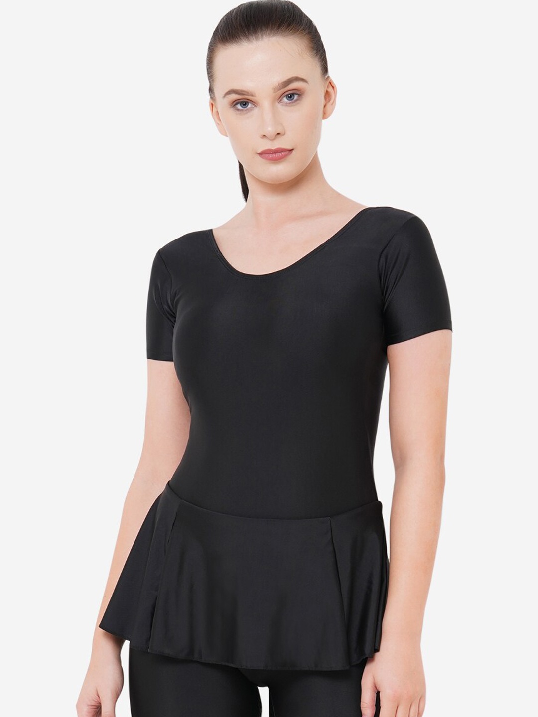 

VELOZ Women Black Solid Swimming Dress With Attached Tights