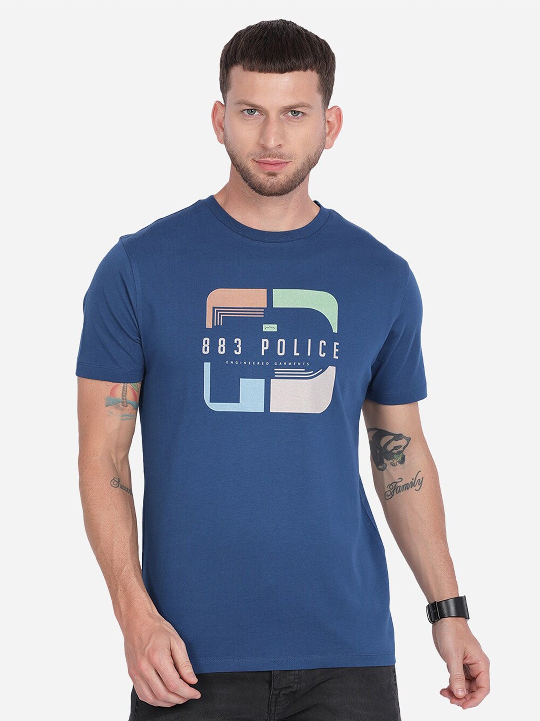 

883 Police Men Navy Blue Brand Logo Printed T-shirt