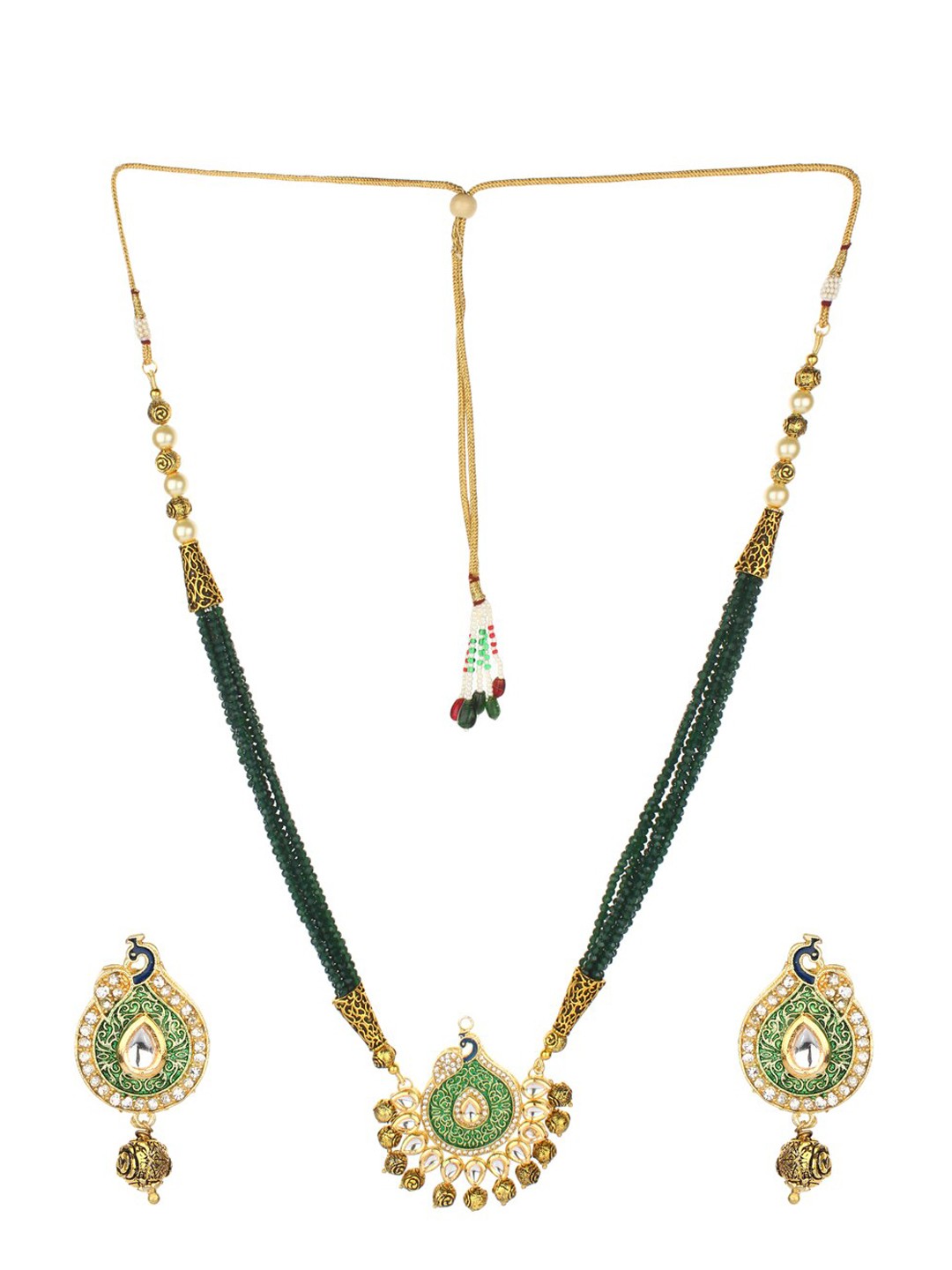 

Runjhun Gold-Plated Green & White Stone-Studded Peacock Jewellery Set