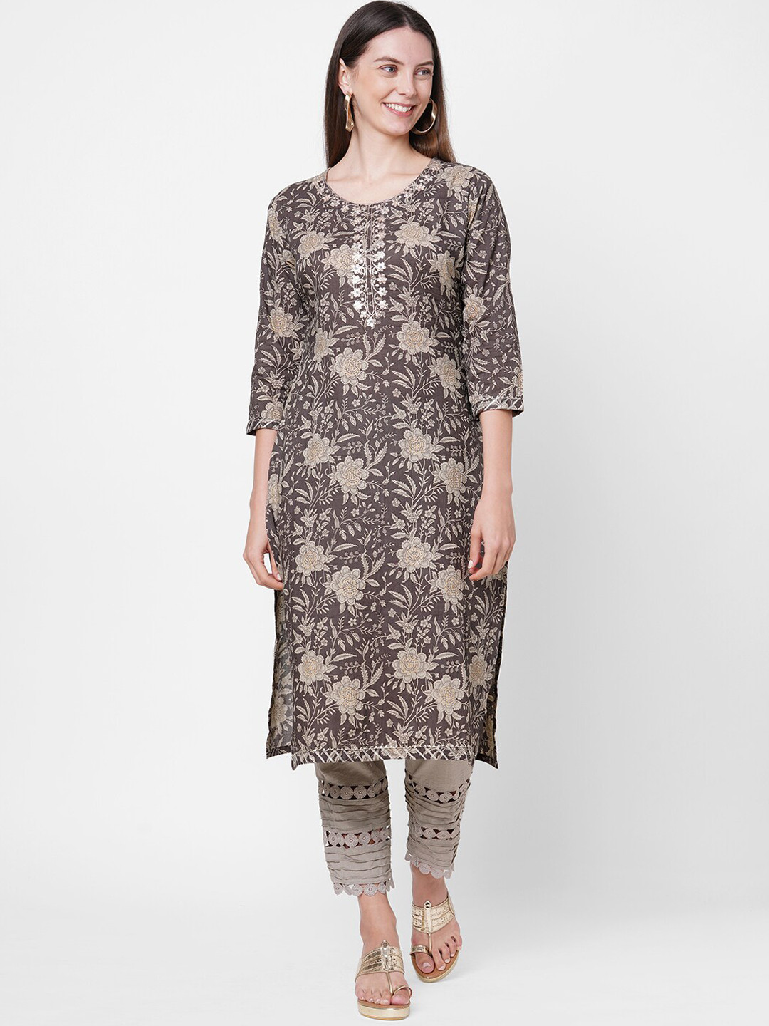 

FASHOR Women Brown & Beige Floral Printed Thread Work Pure Cotton Kurta With 2-Ply Mask