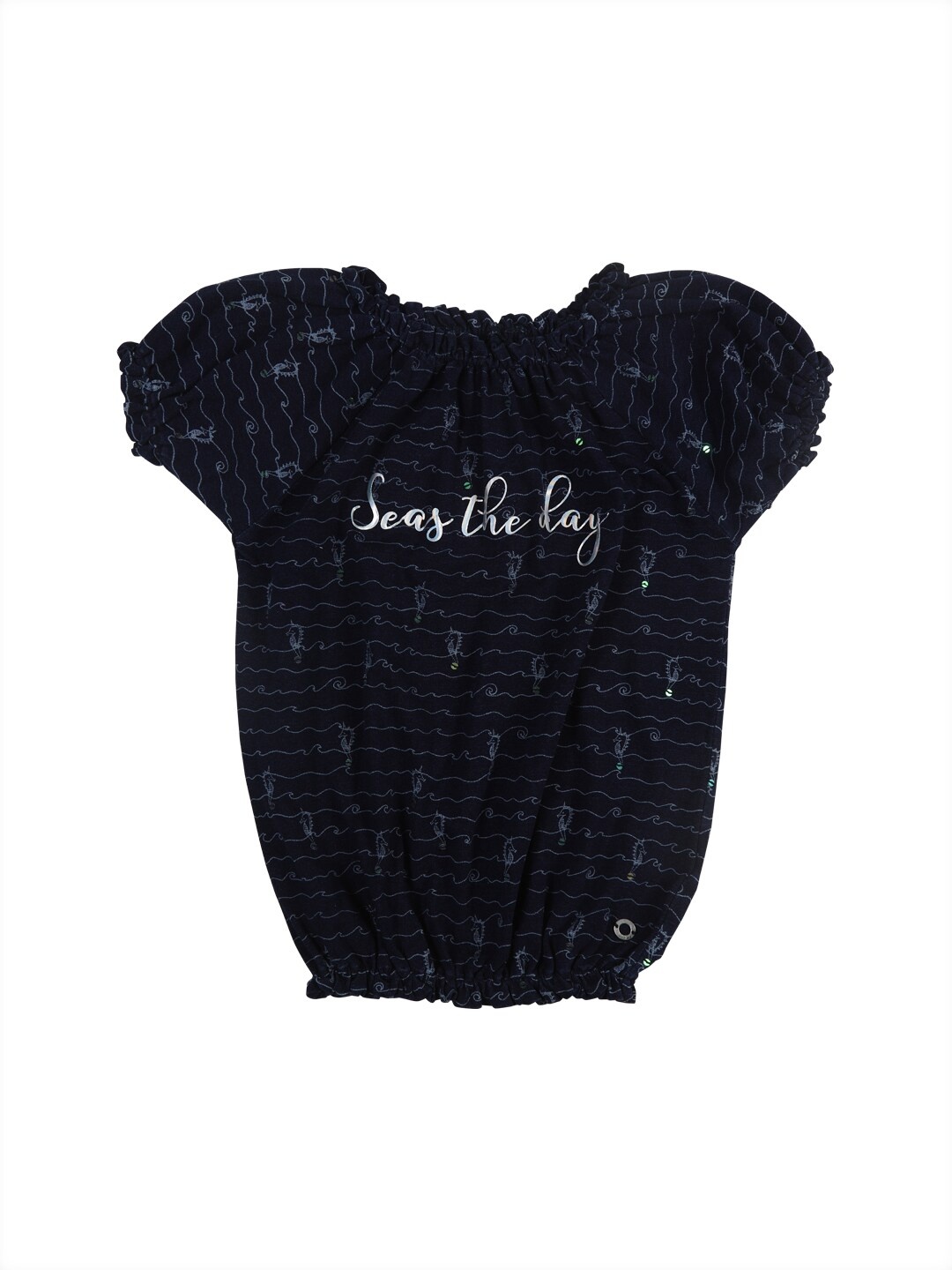 

Gini and Jony Girls Navy Blue Gathered Neck-Embroidered Puff Sleeve Blouson Top