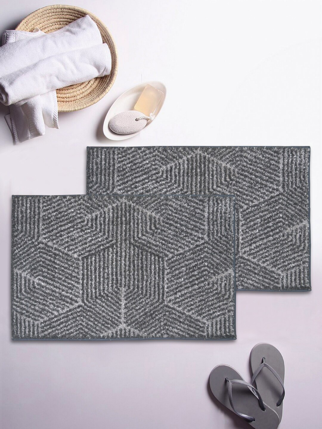 

BIANCA Set Of 2 Grey Textured Microfibre 1850 GSM Anti-Skid Bath Rugs