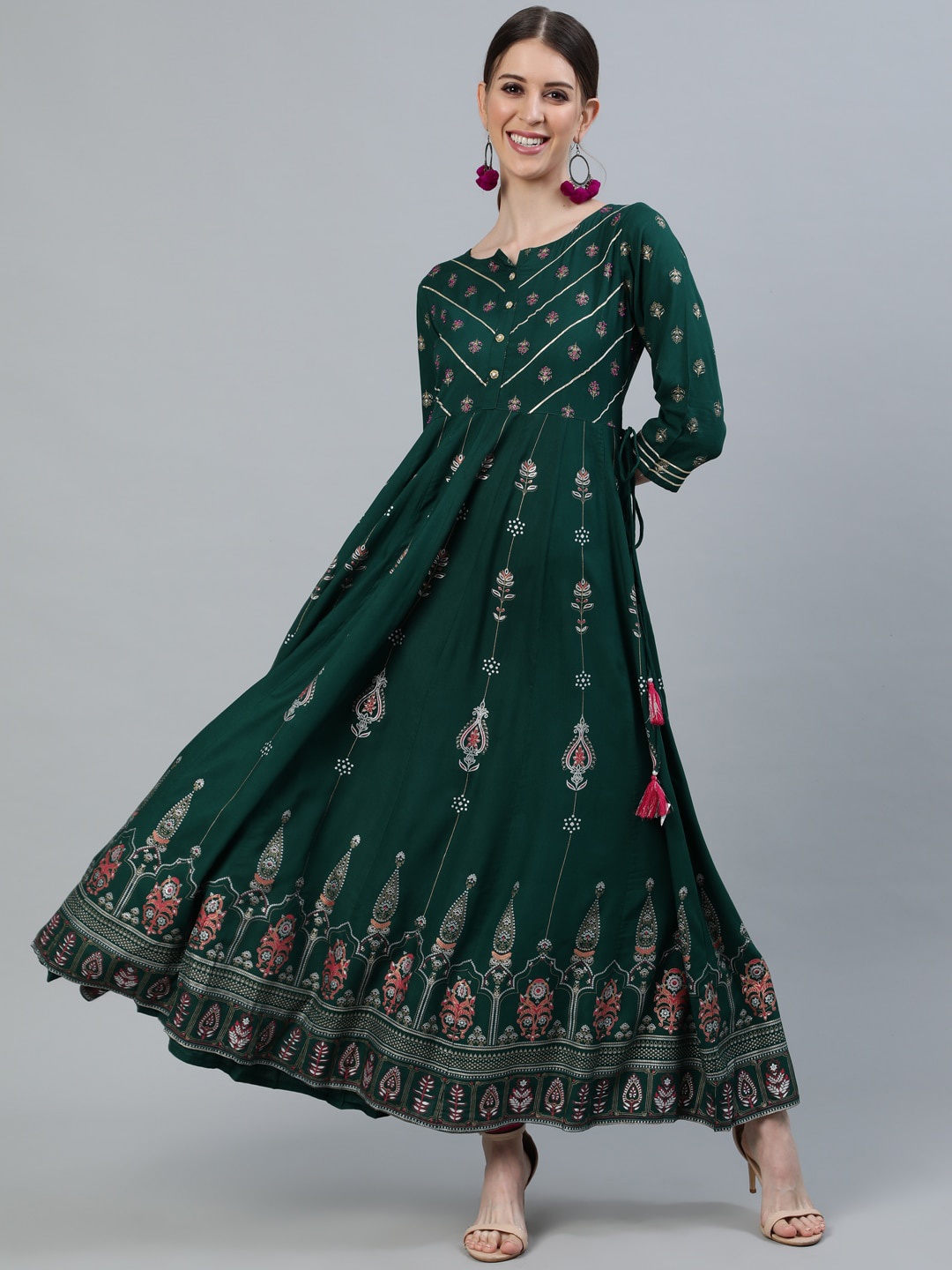 

Jaipur Kurti Women Green Ethnic Motifs Embroidered Keyhole Neck Anarkali Kurta