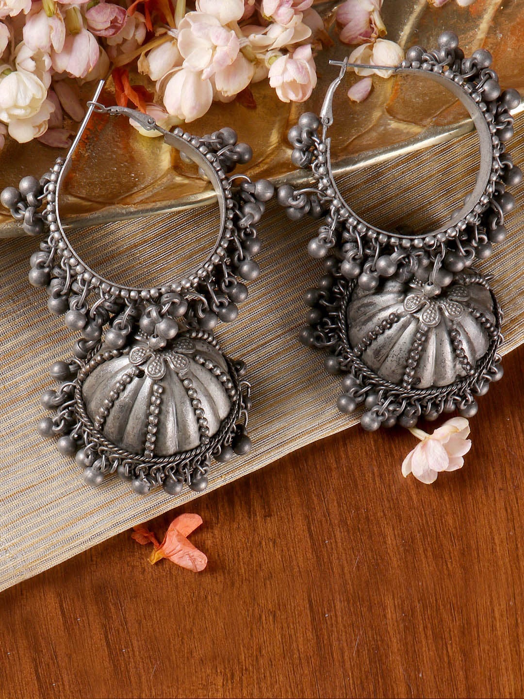 

TEEJH Silver-Plated Oxidised Dome Shaped Jhumkas